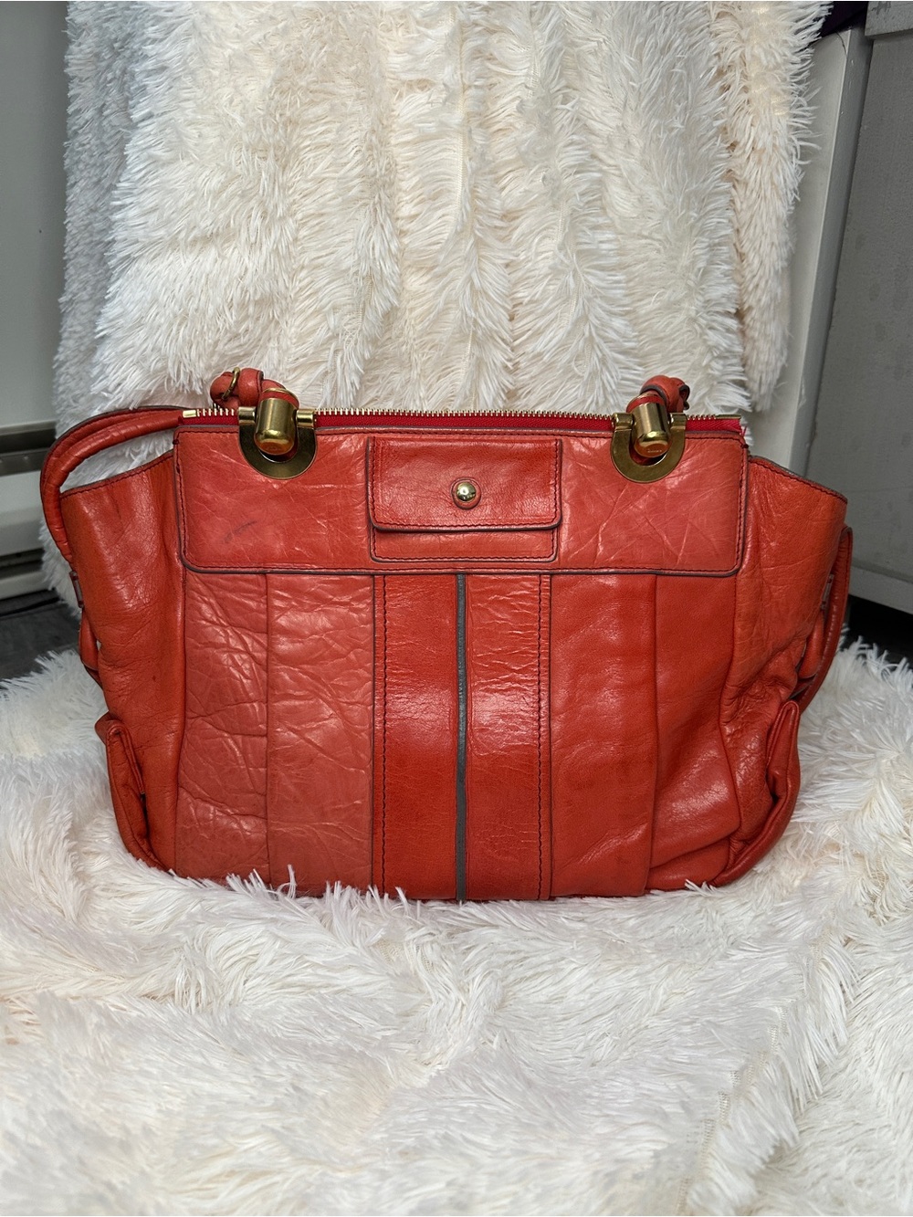 Chloe Heloise Red Leather Tote Bag with Gold Hardware Authentic Handbag Purse